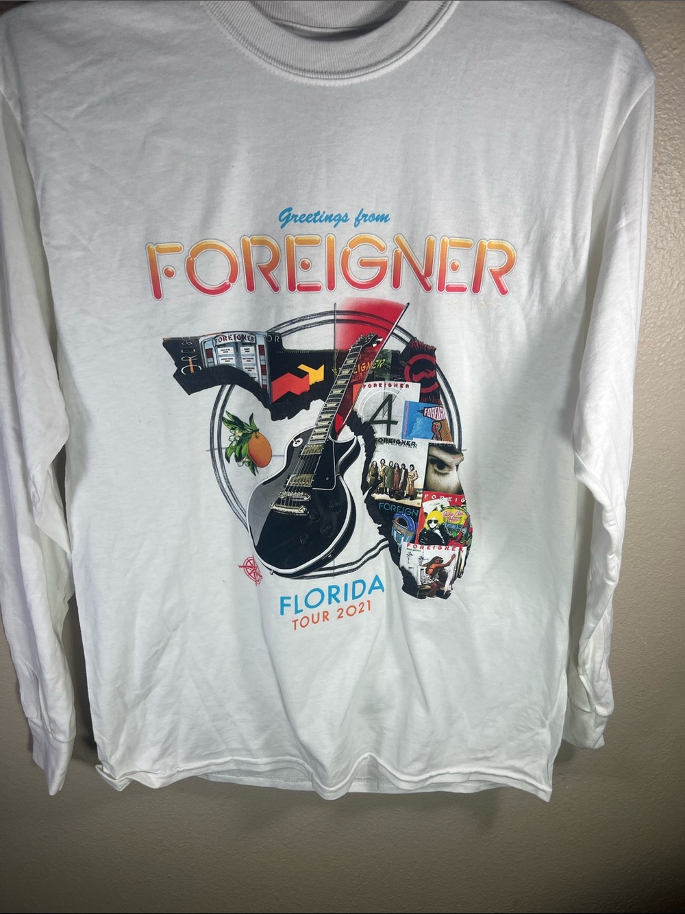 Reign White Long Sleeve Tee with Foreigner Florida Tour Graphic